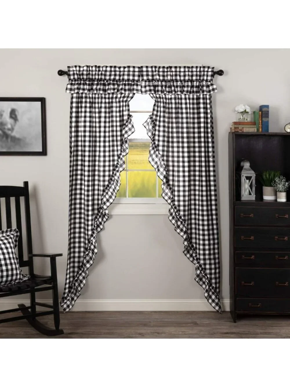 Buffalo Check Cotton Farmhouse Curtains with Rod Pocket & Drawstring Ties